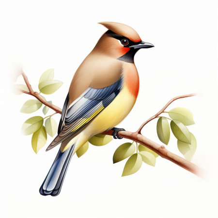 the cedar waxwing, a charming bird species, is beautifully depicted in this watercolor clipart illustration, set against a crisp white background, showcasing its distinctive crest and subtle plumage patterns, perfect for nature-inspired designs, birdwatching enthusiasts, and wildlife art lovers. ai generatedの素材