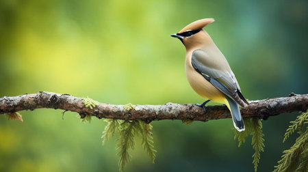 the cedar waxwing perches elegantly on a rustic wood branch, its sleek plumage glistening against a lush green background, showcasing its distinctive crest and masked face, a stunning example of north american birdlife, perfect for nature enthusiasts and birdwatchers. ai generatedの素材