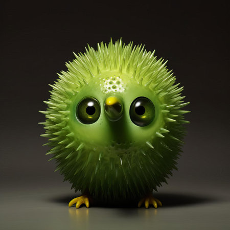 this intricately designed glass orb features a vibrant green bird figurine with meticulously painted eyes, reminiscent of the whimsical style of renowned artists evgeni gordiets and clemens ascher, blending elements of concrete and inventive character designs, with spiky mounds adding texture to the ornate piece. ai generatedの素材