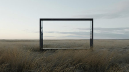 the framework stands alone in a serene field of tall grass, exuding a sense of contemporary minimalist chic with its light gray and dark black sculptural aesthetics, evoking the feeling of a coastal view, reminiscent of a minimalist set, with subtle hints of gothic revival, all wrapped in a palette of muted colours. ai generatedの素材