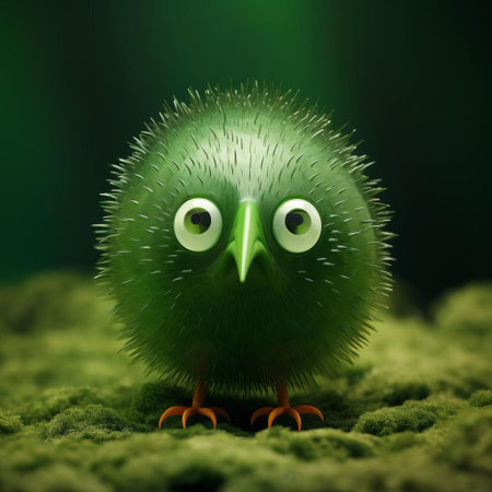 this vibrant green glass orb showcases a whimsical bird figurine with intricately painted eyes, reminiscent of the imaginative styles of evgeni gordiets, clemens ascher, and didier lourenco, blending concrete and inventive character designs with spiky mounds, captured in a stunning close-up shot. ai generatedの素材