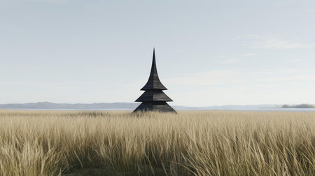 the pagoda stands serenely amidst a sea of tall grass, its contemporary minimalist design exuding a sense of sculptural elegance, with a palette of light gray and dark black hues that evoke a sense of coastal sophistication, reminiscent of gothic revival architecture, set against a backdrop of muted colours. ai generatedの素材