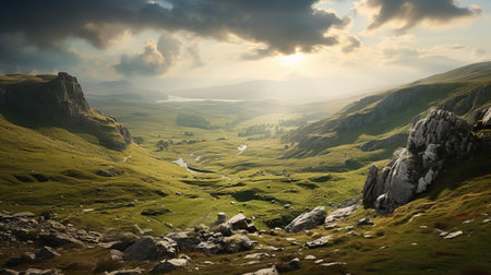 the yorkshire dales uplands, bathed in soft, golden light, stretch towards the horizon, showcasing the serene beauty of the hindu kush-inspired landscape, with rolling hills, lush green pastures, and meandering streams, evoking a sense of tranquility and wonder in this idyllic countryside scene. ai generatedの素材