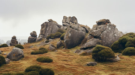 the rugged mountain stands tall, its steep slope punctuated by sharp boulders and rocks, set against a dramatic overcast sky, evoking a sense of awe-inspiring verticality, perfect for adventure seekers and nature lovers alike, in this breathtaking landscape photography. ai generatedの素材
