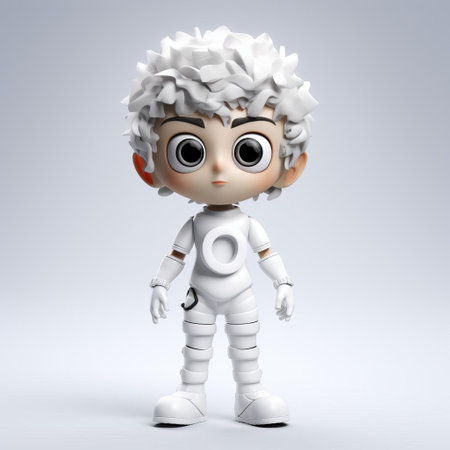 the quirky cartoon character q, dressed in a vibrant tunic, stands out against a pristine white background in this stunning 3d render, showcasing intricate details and playful textures, perfect for illustrations, animations, and digital designs requiring a dash of whimsy and fun. ai generatedの素材