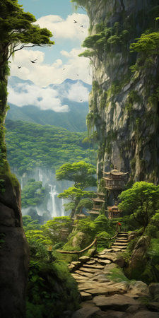 the borneo camphor tree stands tall on the mountainside of the canyon, its unique shape and twisted branches resembling a whimsical illustration from a miyazaki hayao film, surrounded by lush greenery and rugged terrain, evoking a sense of adventure and fantasy in this serene natural setting. ai generatedの素材