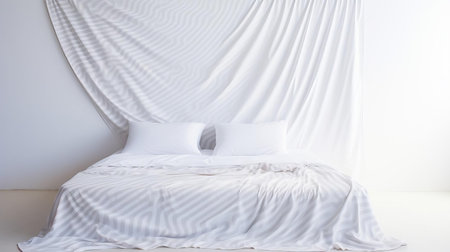 the bedsheet appears to be floating in mid-air against a pristine white background, creating a mesmerizing optical illusion that challenges the viewer's perception, showcasing the power of minimalist design in creating a sense of depth and visual intrigue. ai generatedの素材