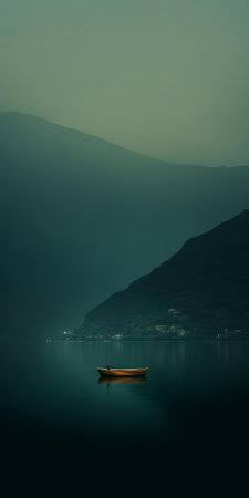 the serene mediterranean lake scene features a solitary boat drifting on the calm, aquamarine-hued waters, surrounded by majestic, dark green mountainous vistas, evoking a calming, introspective atmosphere, reminiscent of a swiss-inspired lake wallpaper, captured in a unique, juxtaposed style, with a webcam photography aesthetic. ai generatedの素材