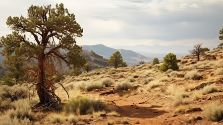 the desert landscape stretches out before us, a rare sight of deciduous trees and firs thriving in the arid environment, their tops a vibrant green, glistening with raindrops on a gloomy day, capturing the serene beauty of nature's unexpected harmony in the midst of a rainy weather. ai generatedの素材