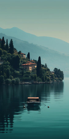 the serene cityscape unfolds with a tranquil mediterranean lake scene, where a lone boat glides across calm waters, surrounded by majestic mountainous vistas, evoking a sense of introspective calmness, with a palette of soothing shades of dark green, aquamarine, dark turquoise, and light brown, reminiscent of a swiss-inspired lake wallpaper, captured in a webcam photography style. ai generatedの素材