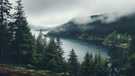 the peninsula, shrouded in mist, stretches out into the distance, its lush landscape dominated by deciduous trees and towering firs, their tops a vibrant green, standing tall against the grey, rainy weather, creating a serene and peaceful atmosphere. ai generatedの素材