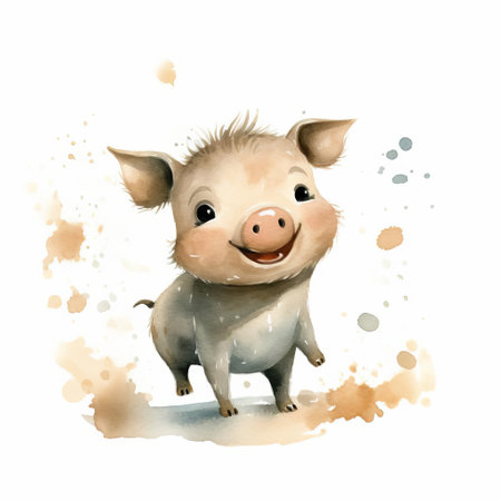this adorable boar, depicted in a simple yet charming watercolor illustration, stands out against a crisp white background, showcasing its happy expression and playful demeanor, all carefully crafted by hand to evoke a sense of whimsy and delight, perfect for nature lovers and art enthusiasts alike. ai generatedの素材