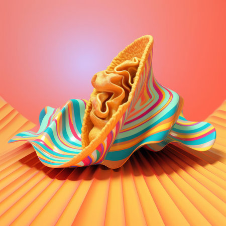 "savory taco, paired with a decadent pastry dessert, is reimagined in a vibrant rihanna-inspired aesthetic, blending op art patterns and sleek shades, all while showcasing a tender and juicy steak, perfectly cooked to satisfy any culinary craving, in this visually stunning culinary masterpiece.", ai generatedの素材