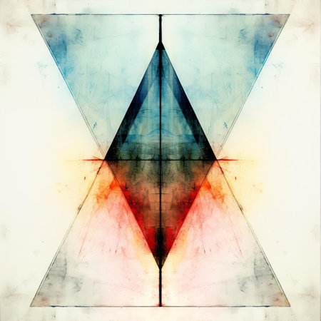 this contemporary art piece, crafted by artists sza, showcases a mesmerizing blend of modern art and nordic graphic design, featuring a symmetrical, hand-painted, experimental, and colourful composition, infused with a subtle x-ray effect, reminiscent of classic etching art, and distressed design elements, all set against a backdrop of calming nordic colours. ai generatedの素材