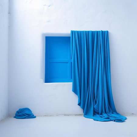 the vibrant blue knitted window, set against a pristine white backdrop, commands attention in this striking still life photo, showcasing the intricate textures and bold hues of the handmade fabric, evoking a sense of modern artistry and cozy warmth in a minimalist setting. ai generatedの素材