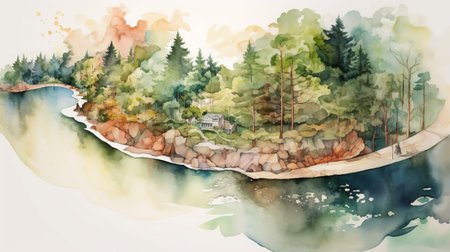 the picturesque peninsula, surrounded by serene waters, stretches into the distance, with a winding road cutting through its lush green landscape, captured in soft, dreamy watercolors, evoking a sense of peaceful solitude and tranquility, perfect for nature lovers and art enthusiasts alike. ai generatedの素材