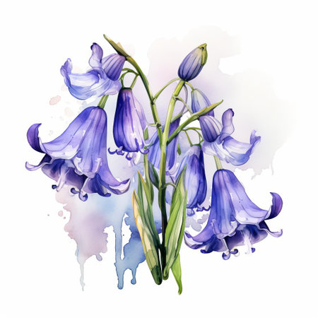 the bluebell, a delicate and charming flower, is beautifully illustrated in this stunning watercolor clipart design, featuring a single blooming flower with intricate details, perfect for spring-inspired projects, botanical art, and nature-themed designs, available as a high-quality vector graphic. ai generatedの素材