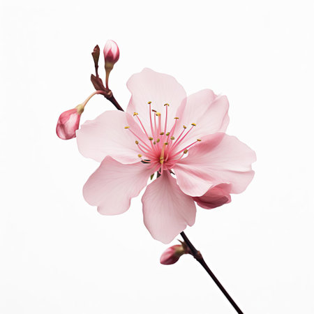 the cherry blossom, delicately illustrated in a minimalist style, takes center stage on a pristine white background, accompanied by a romantic rose, evoking feelings of serenity, love, and the fleeting beauty of spring, perfect for nature lovers, floral enthusiasts, and those who adore japanese-inspired art. ai generatedの素材