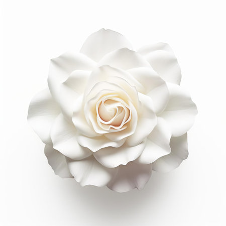 the gardenia, with its delicate petals and creamy white hue, takes center stage on a pristine white background, elegantly accompanied by a solitary rose, exuding a sense of serenity and sophistication, perfect for nature-inspired home decor, floral arrangements, and minimalist photography enthusiasts. ai generatedの素材