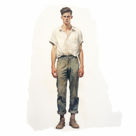 john, a solitary figure, stands elegantly against a pristine white background in this stunning vintage-inspired watercolored portrait, evoking a sense of nostalgia and sophistication, perfect for art enthusiasts and collectors of retro-style illustrations. ai generatedの素材