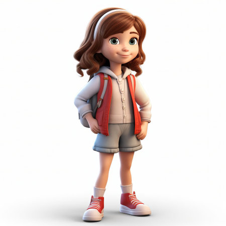 clara, a cheerful cartoon kid, stands out against a pristine white background in this vibrant 3d render, showcasing her playful personality and adorable features, perfect for illustrations, animations, and children's media, highlighting kid-friendly design and whimsical character art. ai generatedの素材