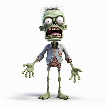 the zombie, a minimalist 3d character, stands eerily still on a pristine white isolated background, its undead features and tattered clothing meticulously crafted in exquisite detail, perfect for horror-themed designs, video games, and spooky digital art, evoking a sense of eerie solitude and post-apocalyptic dread. ai generatedの素材