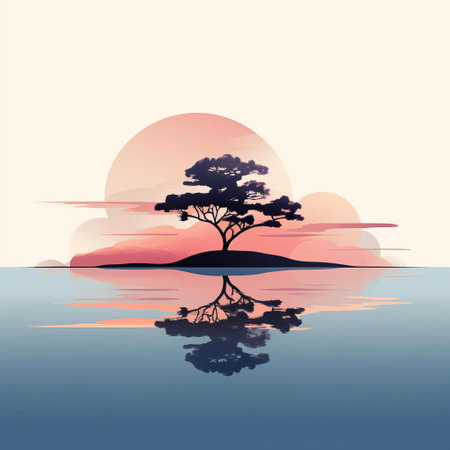 the serene lake, surrounded by lush greenery and a solitary tree, exudes tranquility and peacefulness, perfect for a calming wallpaper or background, evoking feelings of relaxation and serenity, ideal for nature lovers and those seeking a calming atmosphere, featuring elements of minimalism and simplicity. ai generatedの素材