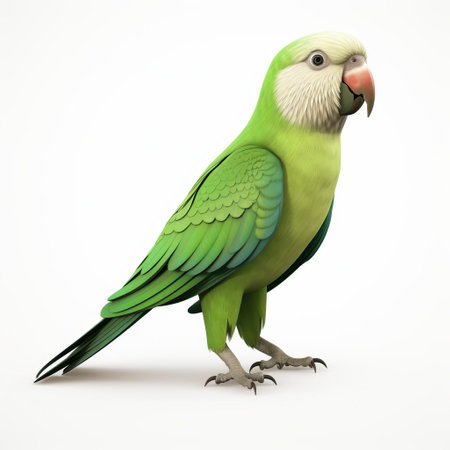 the vibrant 3d monk parakeet, also known as a quaker parrot, is beautifully isolated on a pure white background, showcasing its full body in stunning detail, highlighting its bright green plumage, grey breast, and distinctive facial markings, perfect for use in graphic designs, wildlife illustrations, and educational materials. ai generatedの素材