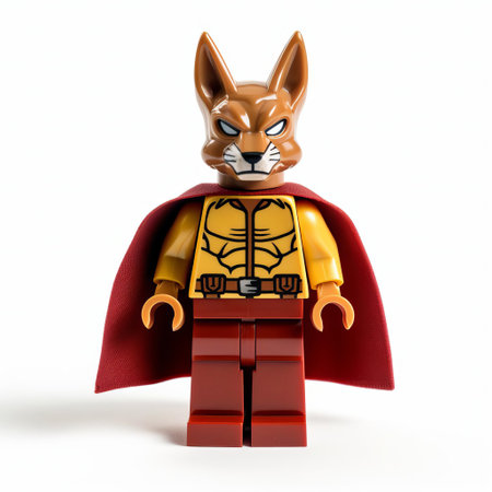 the lego kangaroo superhero, dressed in a vibrant costume, stands proudly on a crisp white background, showcasing its full body in a dynamic pose, highlighting the intricate details of the miniature figurine, perfect for fans of lego, superheroes, and australian wildlife. ai generatedの素材