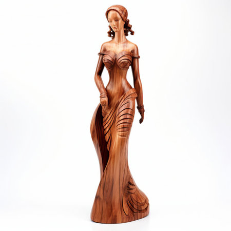 the handmade wood female figurine stands elegantly on a pristine white background, showcasing exquisite craftsmanship and attention to detail, perfect for wooden sculpture enthusiasts, art collectors, and those who appreciate unique handmade wooden decorations for the home or office. ai generatedの素材
