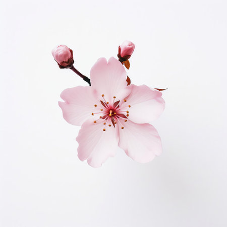 the cherry blossom, delicately illustrated in a minimalist style, takes center stage on a pristine white background, accompanied by a solitary rose, evoking a sense of serenity and elegance, perfect for spring-inspired home decor, japanese-inspired art, and floral enthusiasts alike. ai generatedの素材