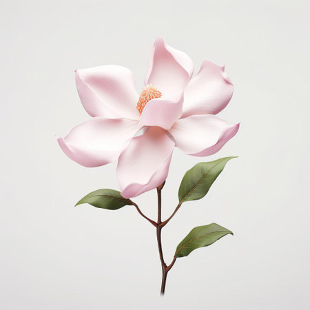 the magnolia, a symbol of elegance, takes center stage in this serene photograph, its delicate petals and subtle color palette beautifully complemented by a single, velvety rose, set against a crisp white background, evoking a sense of simplicity, sophistication, and timeless beauty, perfect for modern home decor and floral enthusiasts. ai generatedの素材