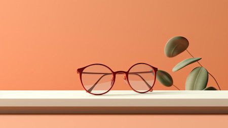 "frameless glasses sit elegantly on a minimalist mid-century style background, exuding understated sophistication with their sleek, unadorned design, perfect for those who appreciate subtle luxury and refined simplicity in their eyewear, blending seamlessly into modern interiors and fashion trends.", ai generatedの素材