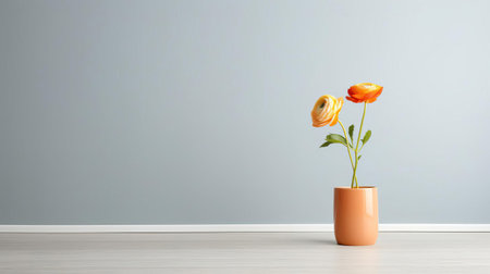 the ranunculus flower stands majestically in the middle of an empty room, exuding elegance and simplicity, evoking the essence of abstract minimalism, playful minimalism, and post-minimalism, perfect for those who appreciate minimalist portraits, ceramics, and high-resolution 32k uhd stock photos and royalty-free images. ai generatedの素材
