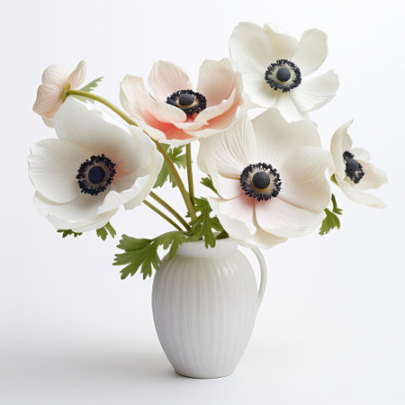 the anemone arrangement, meticulously crafted using cutting-edge digital art techniques, showcases a stunning display of vibrant, ultra-realistic flowers set against a pristine white background, perfect for 4k resolutions, evoking a sense of serenity and elegance in any digital space. ai generatedの素材