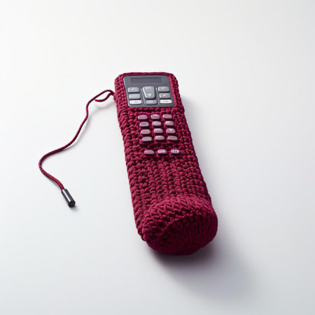 the vibrant maroon knitted remote control sits isolated in a stark white background, creating a striking still life composition that showcases the intricate texture of the yarn and the subtle sheen of the remote's surface, evoking a sense of modern minimalism and scandinavian design. ai generatedの素材