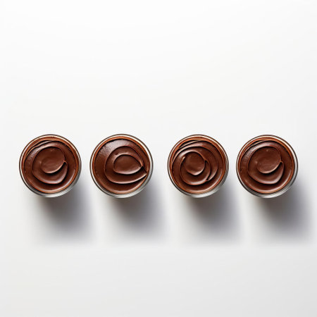 rich, decadent chocolate mousse desserts are artfully arranged in an uneven row, accompanied by a steaming cup of coffee, against a clean and crisp white background, evoking a sense of indulgent breakfast or brunch treats, perfect for coffee lovers and chocolate enthusiasts alike. ai generatedの素材