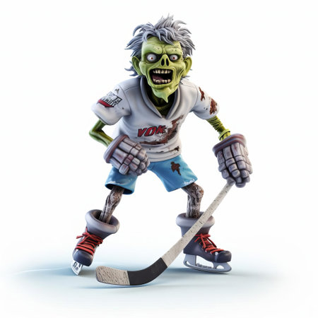 a zombie, depicted in a 3d render plastic cartoon style, is shown in a full-body pose, holding an ice hockey stick and wearing ice skates, set against a clean white background, evoking a humorous and playful contrast between the undead creature and the winter sport. ai generatedの素材