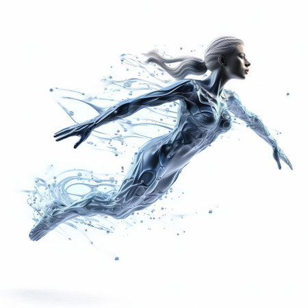 the female swimmer, depicted in stunning 3d, glides effortlessly through the water, her full body glistening with droplets, set against a pristine white isolated background, evoking a sense of serenity and athleticism, perfect for sports, fitness, and wellness-themed designs, highlighting swimming, exercise, and healthy lifestyle. ai generatedの素材
