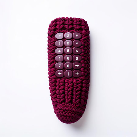 the vibrant maroon knitted remote control sits isolated in a stark white background, creating a striking still life composition that showcases the intricate textures and bold color of the handmade item, perfect for fans of minimalist photography and cozy home decor inspiration. ai generatedの素材