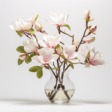 the magnolia arrangement, meticulously crafted using cutting-edge digital art techniques, showcases a stunning 4k ultra-realistic floral display on a pristine white background, evoking a sense of elegance and sophistication, perfect for interior design, home decor, and botanical art enthusiasts. ai generatedの素材