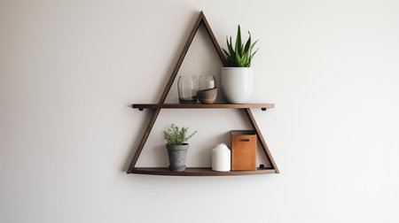 the corner shelf by west elm stands elegantly in front of a pristine white empty wall, showcasing its sleek and modern design, perfect for adding a touch of sophistication to any room's decor, ideal for displaying decorative items, books, and plants in a stylish and space-saving manner. ai generatedの素材