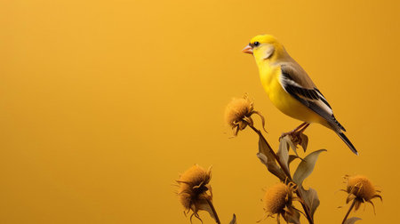the american goldfinch, with its vibrant yellow feathers and black cap, perches elegantly on a sturdy brown stem, set against a brilliant blue sky, showcasing its striking plumage and delicate features in this stunning high-definition photograph, perfect for nature enthusiasts and birdwatchers alike. ai generatedの素材