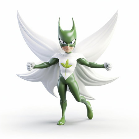 the 3d lily superhero, dressed in a vibrant costume, stands confidently on a pure white background, showcasing its full body in a powerful pose, highlighting its intricate details and dynamic design, perfect for graphic designs, digital art, and fantasy illustrations. ai generatedの素材