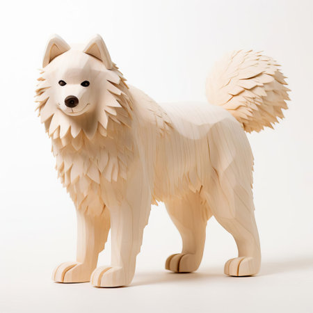 the samoyed, a fluffy white dog breed, is beautifully captured in this handmade wood carving, showcasing its full body on a clean white background, highlighting the intricate details of its fur and adorable facial expression, perfect for dog lovers and wooden art enthusiasts. ai generatedの素材