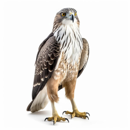 the sulawesi hawk-eagle, a rare and majestic bird of prey, is showcased in stunning detail, its striking brown and white feathers and sharp talons on full display against a crisp white background, highlighting its impressive wingspan and powerful build, a true marvel of indonesian wildlife photography. ai generatedの素材
