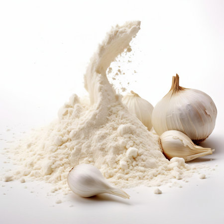 garlic powder, a popular culinary staple, is beautifully showcased on a pristine white background, highlighting its fine texture and warm, earthy tone, perfect for adding depth and flavor to a variety of dishes, from savory meats to aromatic soups and stews. ai generatedの素材