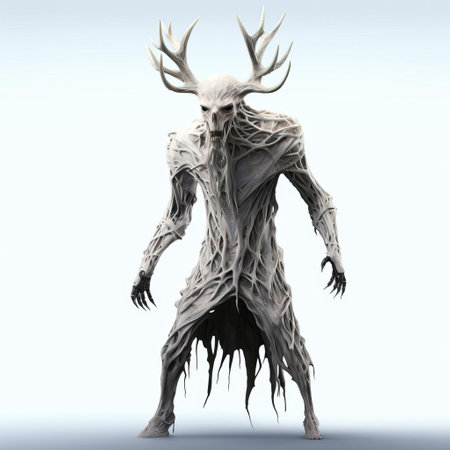 the 3d wendigo, a terrifying mythical creature from native american folklore, stands proudly on a white isolated background, showcasing its eerie, skeletal body with glowing eyes, razor-sharp claws, and antlers, evoking a sense of horror and mystery, perfect for fantasy and horror-themed designs. ai generatedの素材