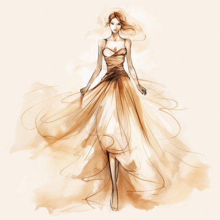 the elegant dress sketch, set against a soft cream background, showcases a beautiful bright cream hand-drawn design, exuding a sense of vintage charm and sophistication, perfect for fashion enthusiasts and art lovers alike, highlighting the beauty of traditional illustration techniques. ai generatedの素材