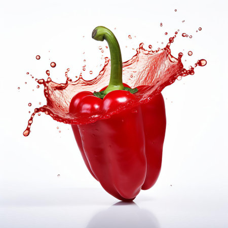 the vibrant red pepper, glistening with dew, sits elegantly on a pristine white background, showcasing its intricate texture and deep crimson hue, perfect for culinary enthusiasts, food bloggers, and health-conscious individuals seeking high-quality images of nutritious vegetables and spices for recipes and wellness articles. ai generatedの素材